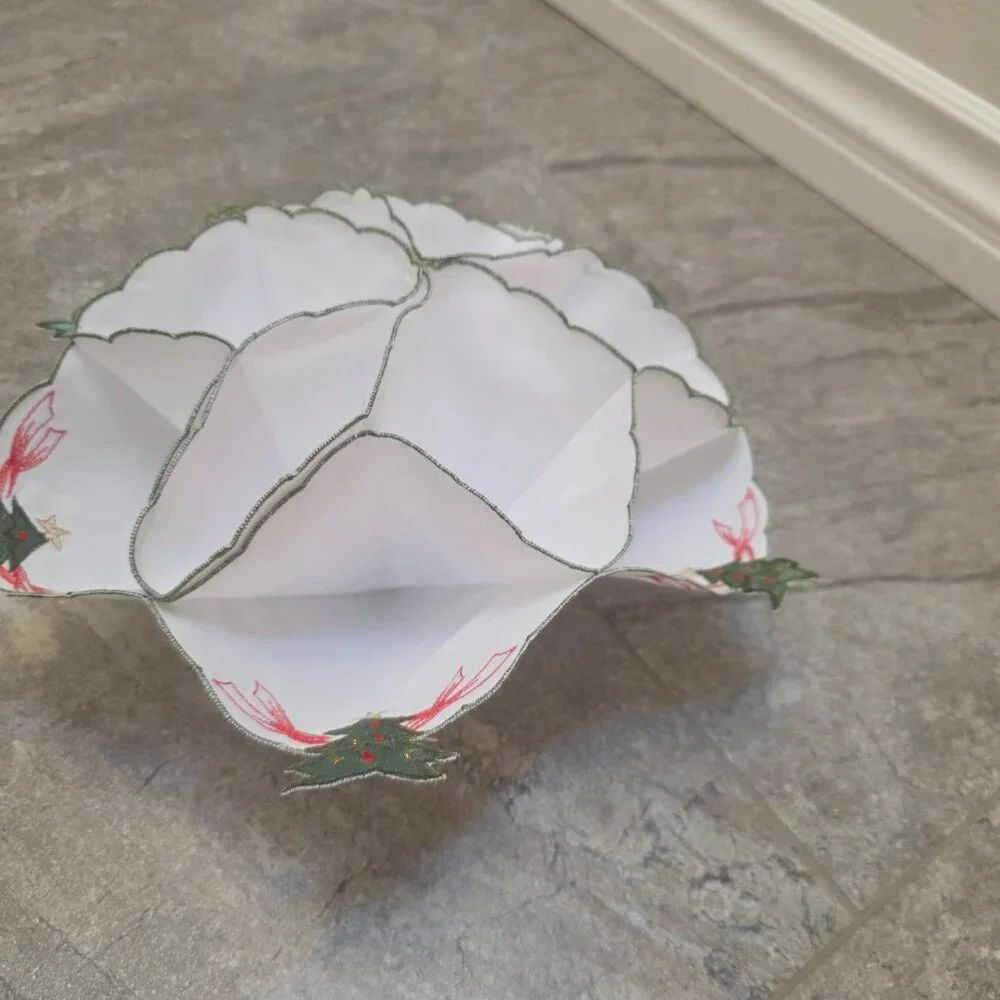VTG Christmas Fabric Dinner Roll Cozy Holder Liner Embroidered Red Green Tree
